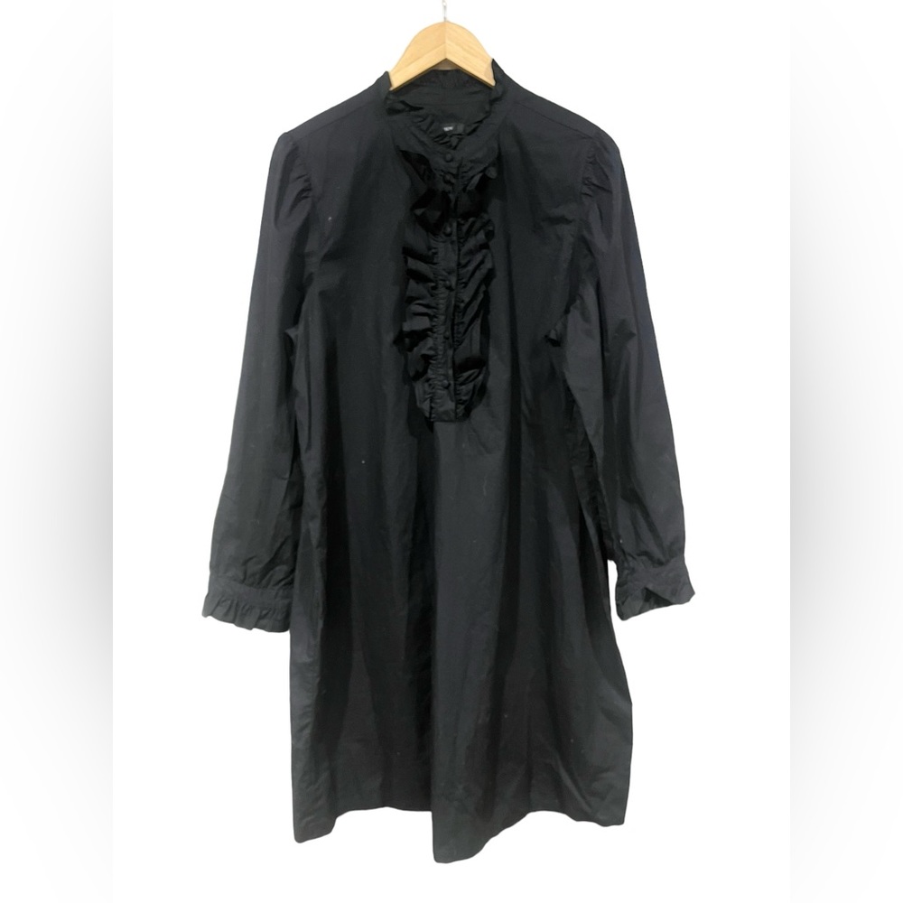 J Crew Ruffle Neck Black Dress Size XL Button Up Long Sleeved